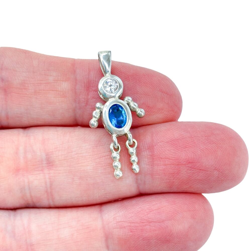 Vintage Sterling Silver 925 Blue Cubic Zirconia Boy Charm Articulating Pendant